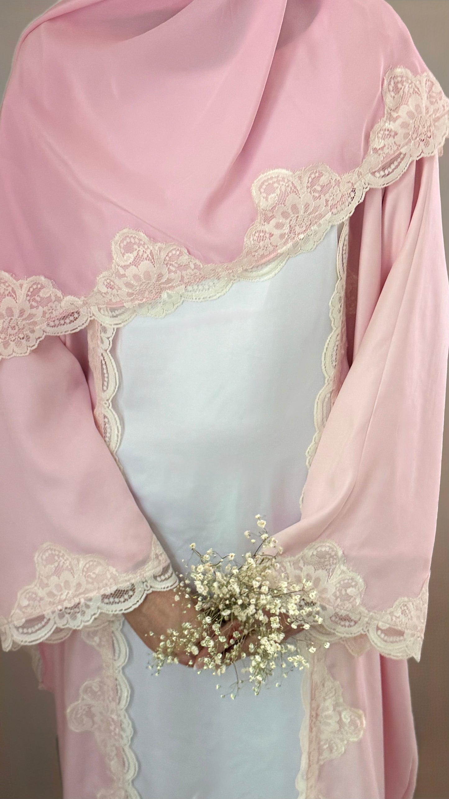 Blush Lace Trim Abaya - 3 piece set