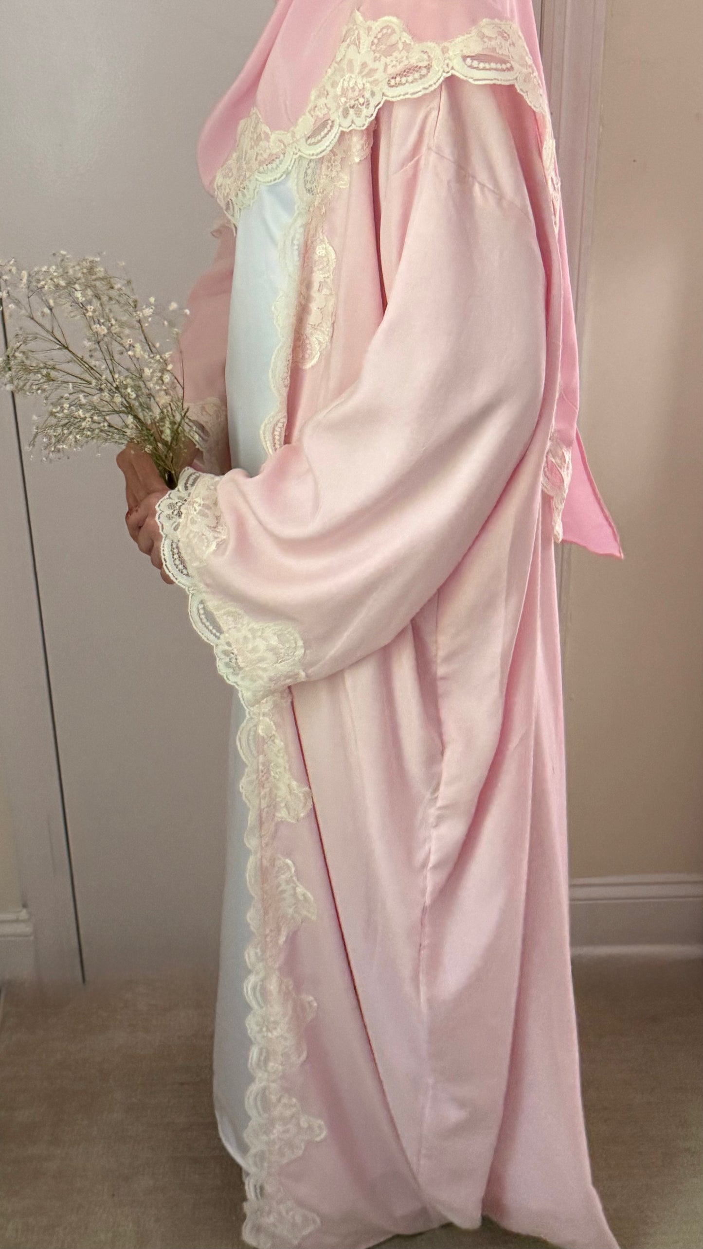 Blush Lace Trim Abaya - 3 piece set