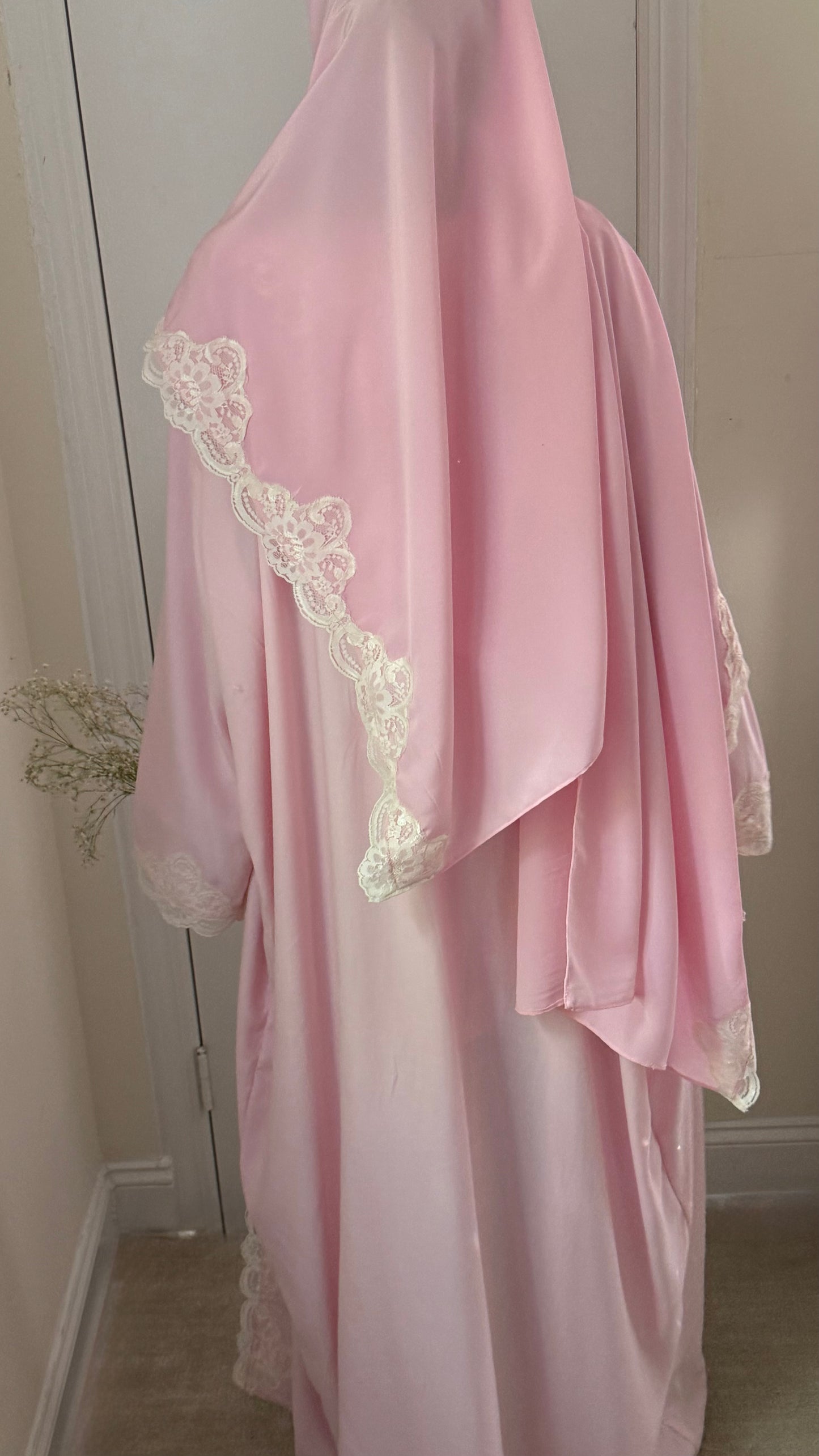Blush Lace Trim Abaya - 3 piece set