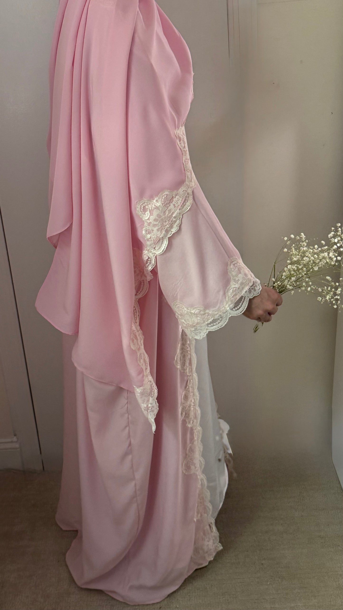 Blush Lace Trim Abaya - 3 piece set