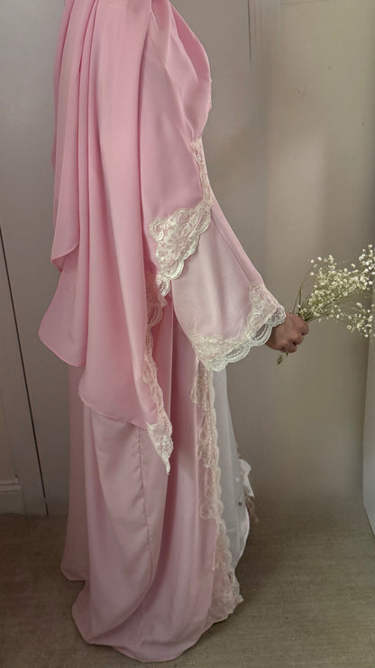 Blush Lace Trim Abaya - 3 piece set