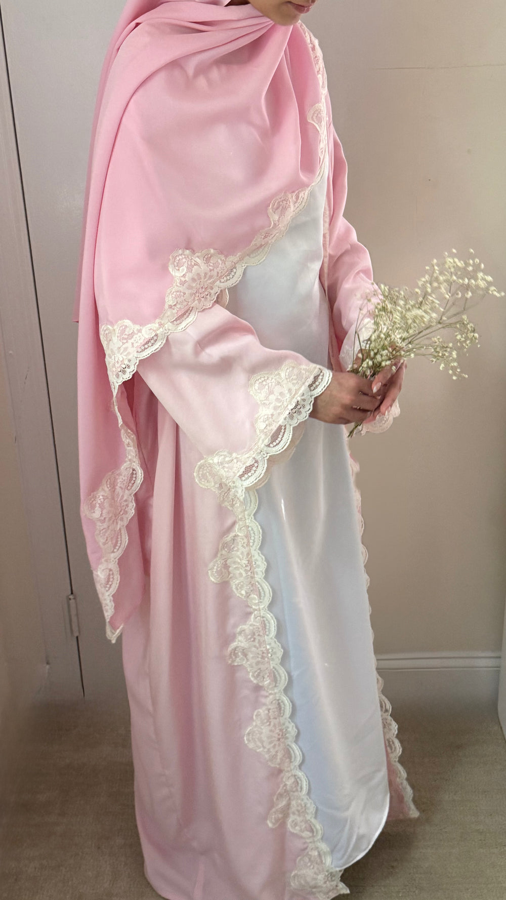 Blush Lace Trim Abaya - 3 piece set