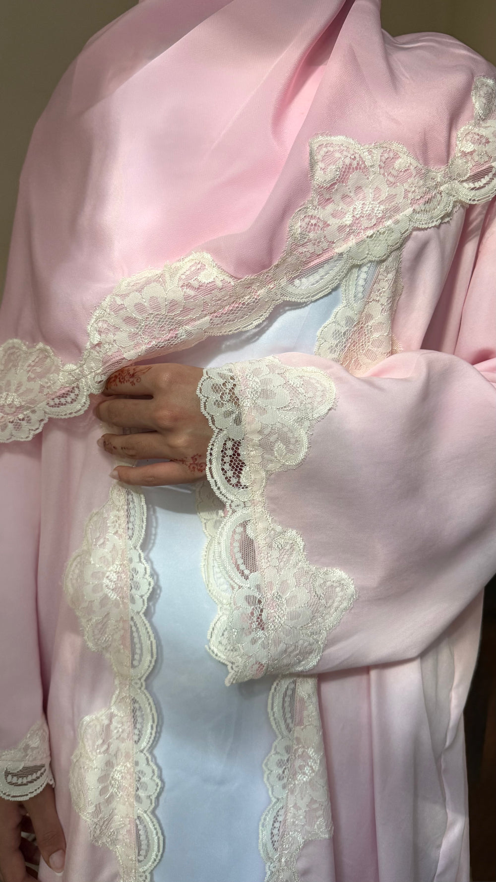 Blush Lace Trim Abaya - 3 piece set