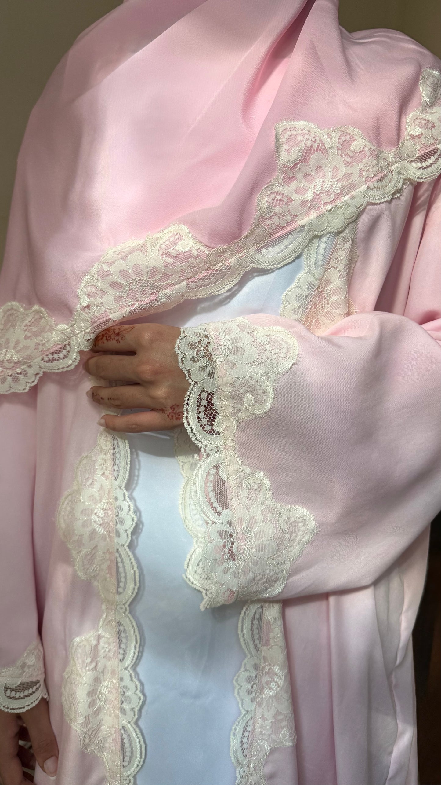 Blush Lace Trim Abaya - 3 piece set