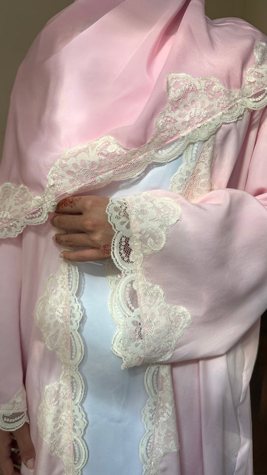 Blush Lace Trim Abaya - 3 piece set