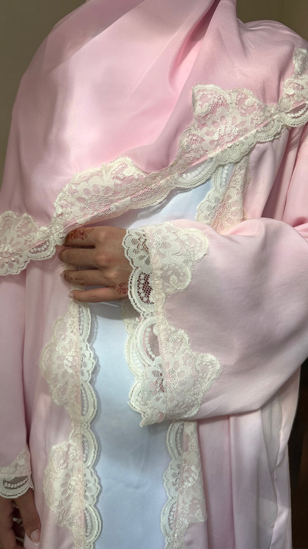 Blush Lace Trim Abaya - 3 piece set