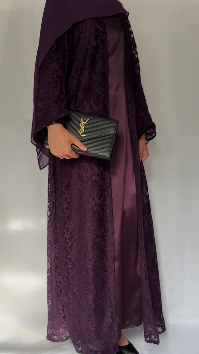 The Plum lace abaya - 3 piece set