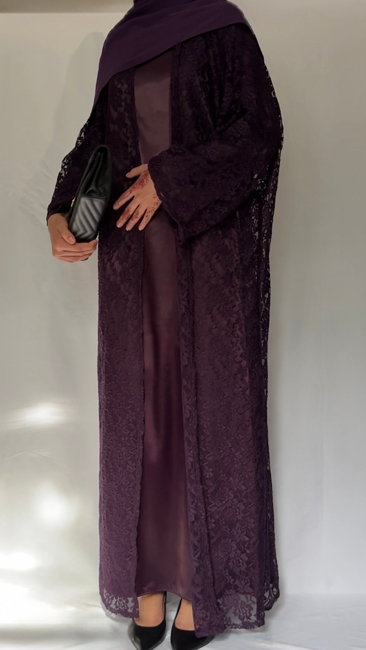 The Plum lace abaya - 3 piece set