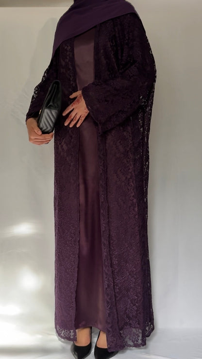 The Plum lace abaya - 3 piece set