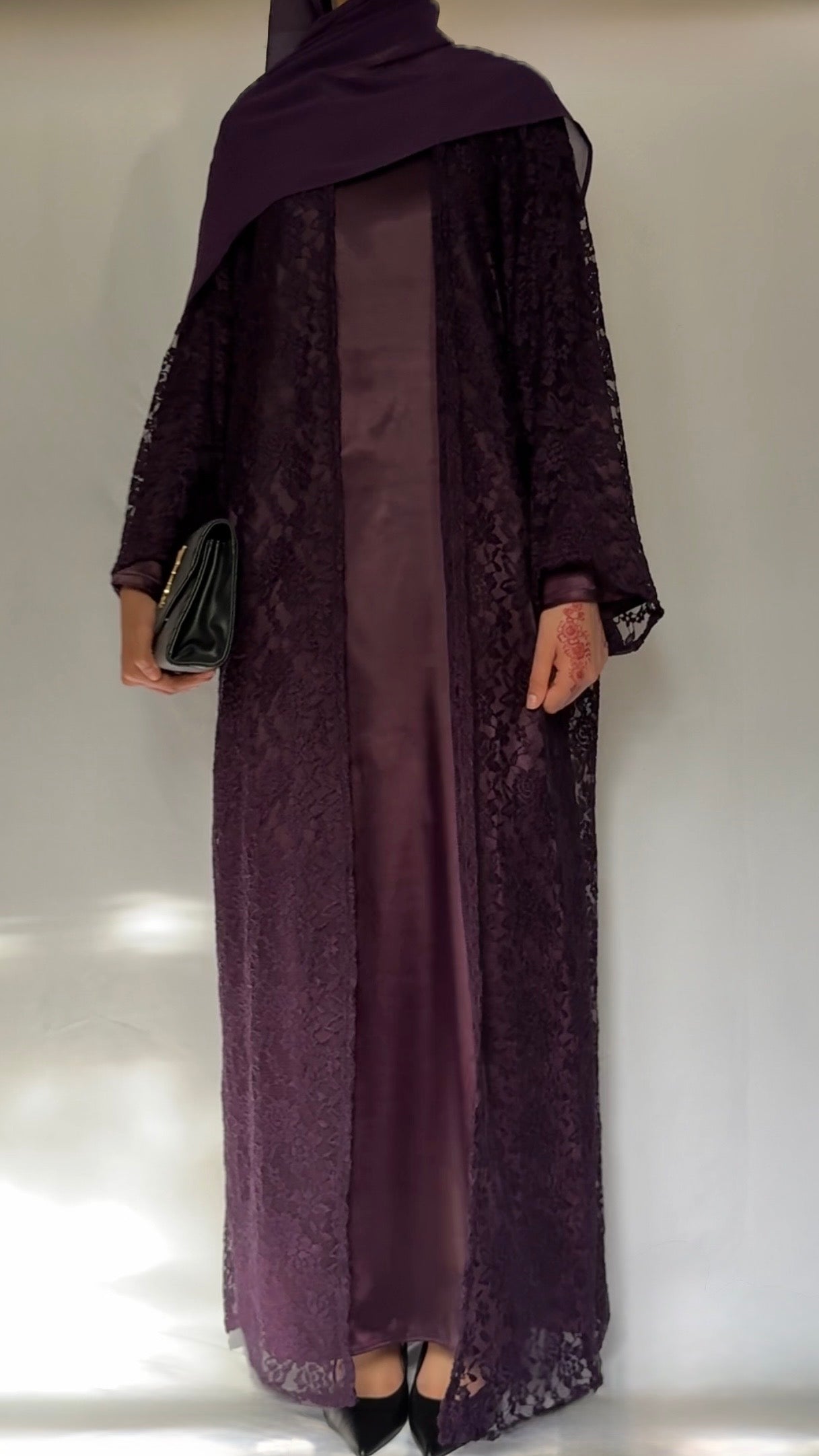 The Plum lace abaya - 3 piece set