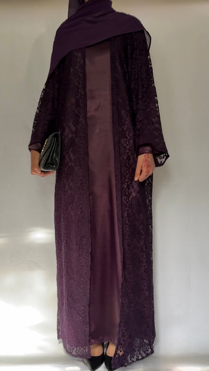 The Plum lace abaya - 3 piece set