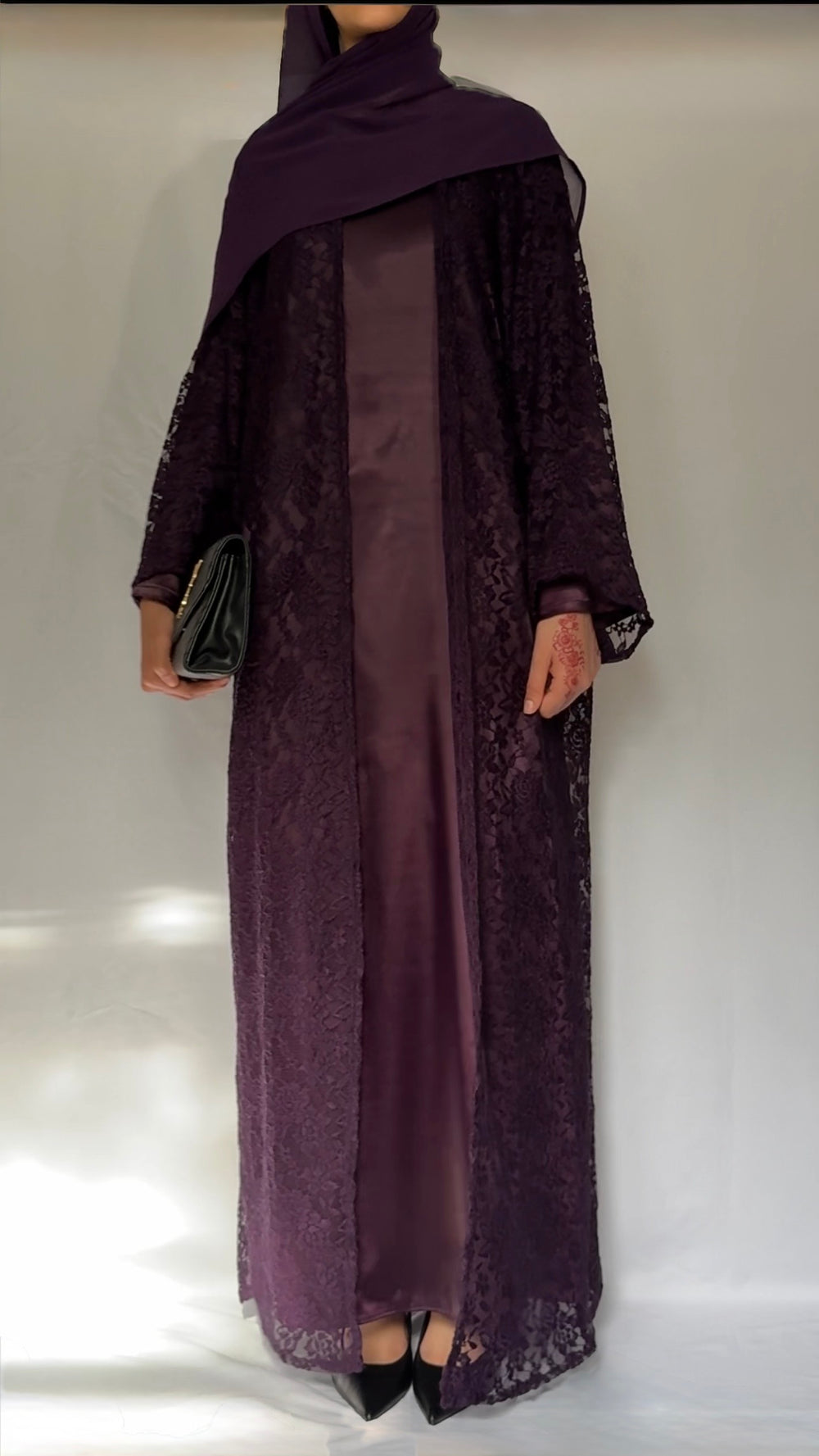 The Plum lace abaya - 3 piece set