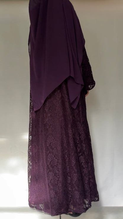 The Plum lace abaya - 3 piece set